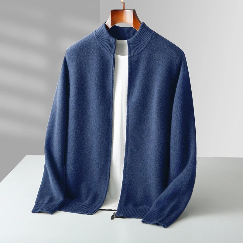 Merinowolle,100 %  warmer Herrenpullover, Stehkragen, verdickte Strickjacke mit Reißverschluss, Herbst-Winter, neue Kaschmir-Strick-Langarm-Tops