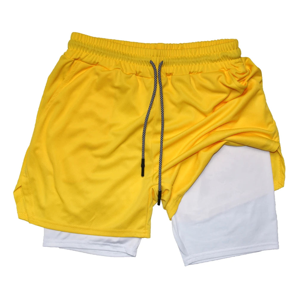 Doppelschichtige Fitness-Shorts für Herren, für Fitness, Fitnessstudio, Training, 2-in-1-Sport-Shorts, schnell trocknend, Workout, Joggen, Doppeldeck, Sommer