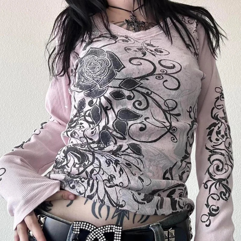 Grunge Cyber Mall Goth Thermo T-Shirt Totenköpfe Grafikdruck Langarm Pullover Tops Damen 90er Jahre Vintage Ästhetische T-Shirts