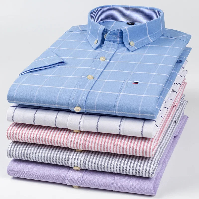 100% Baumwolle Atmungsaktiv Männer Oxford Kurzarm Sommer Plaid Shirts Gestreiften Männliche Kleidung Business Regular Fit Übergroßen