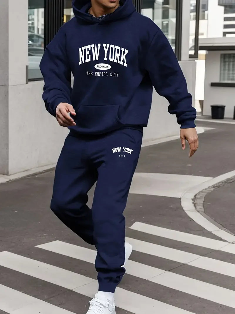 Herren Samt Verdickt Sport Set New York Brief Gedruckt Frühling und Herbst Hoodie Set Langarm Casual Bequeme Tasche Hoo