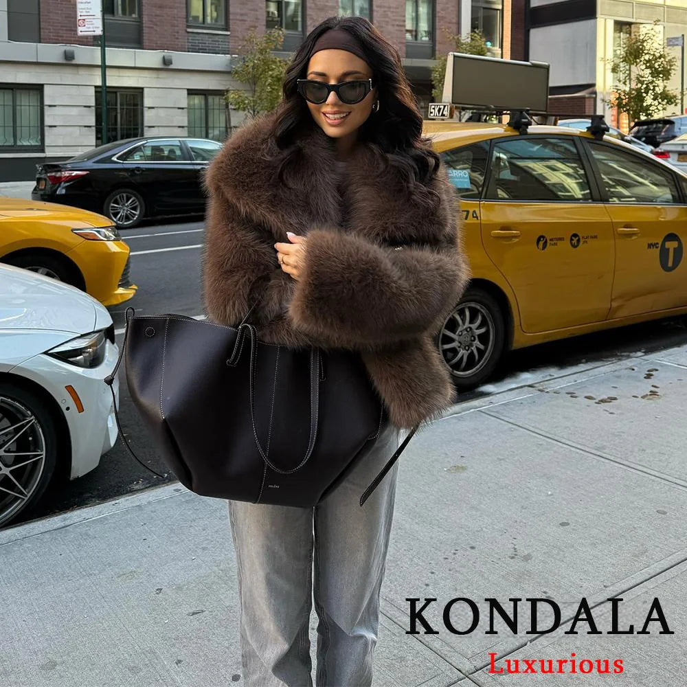 KONDALA Casual Braun Dickes Fell Jacken Frauen Langarm V-ausschnitt Herbst Winter Faux Pelz Mäntel Mode 2025, Streetwear Outwears