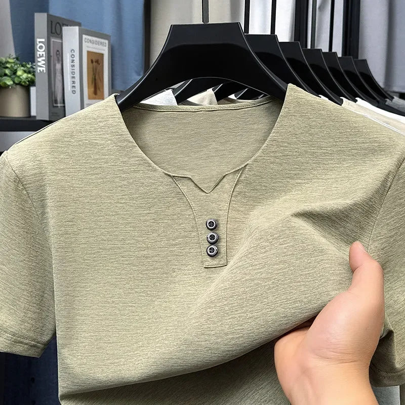 2026 neue männer Business Casual Drei Taste V-ausschnitt Kurzarm T-shirt Koreanischen Stil Sommer Komfortable Vielseitige Top