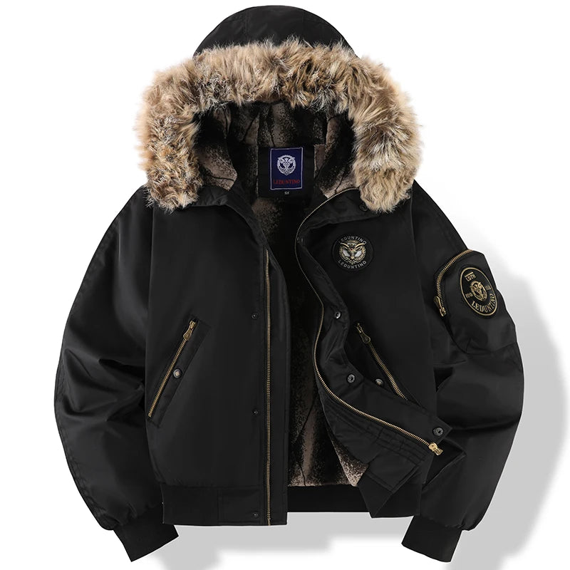 Winterjacke für Herren, abnehmbare Kapuze, langlebig, winddicht, Stoff, Stickerei, dekorative Seitentaschen, Ärmelreißverschluss