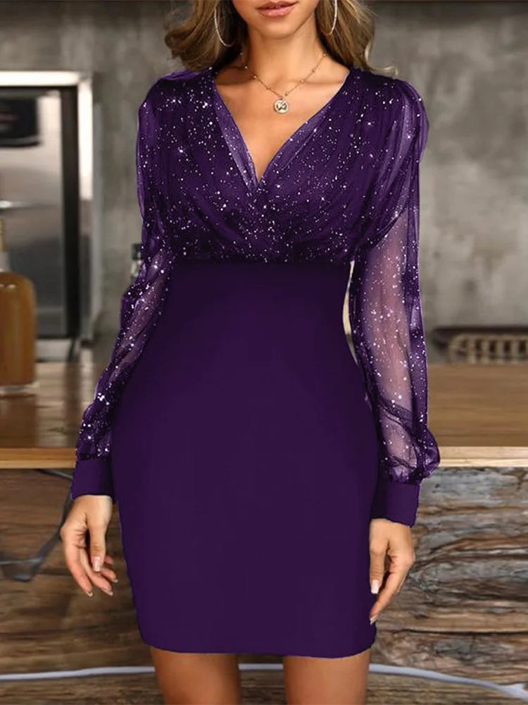 Sexy V-ausschnitt Durchsichtig Langarm Kleid Frauen Frühling Herbst Neue Jahr Party Mini Kleider vestidos cortos