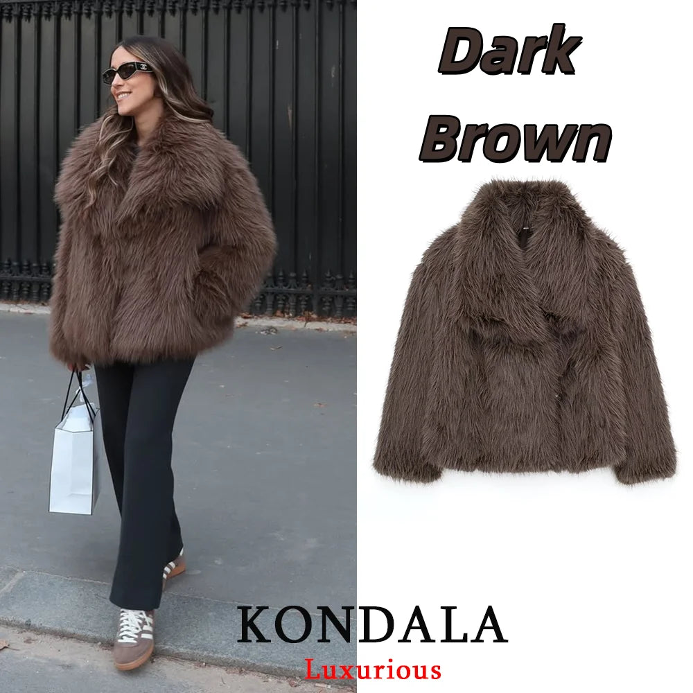KONDALA Casual Braun Dickes Fell Jacken Frauen Langarm V-ausschnitt Herbst Winter Faux Pelz Mäntel Mode 2025, Streetwear Outwears