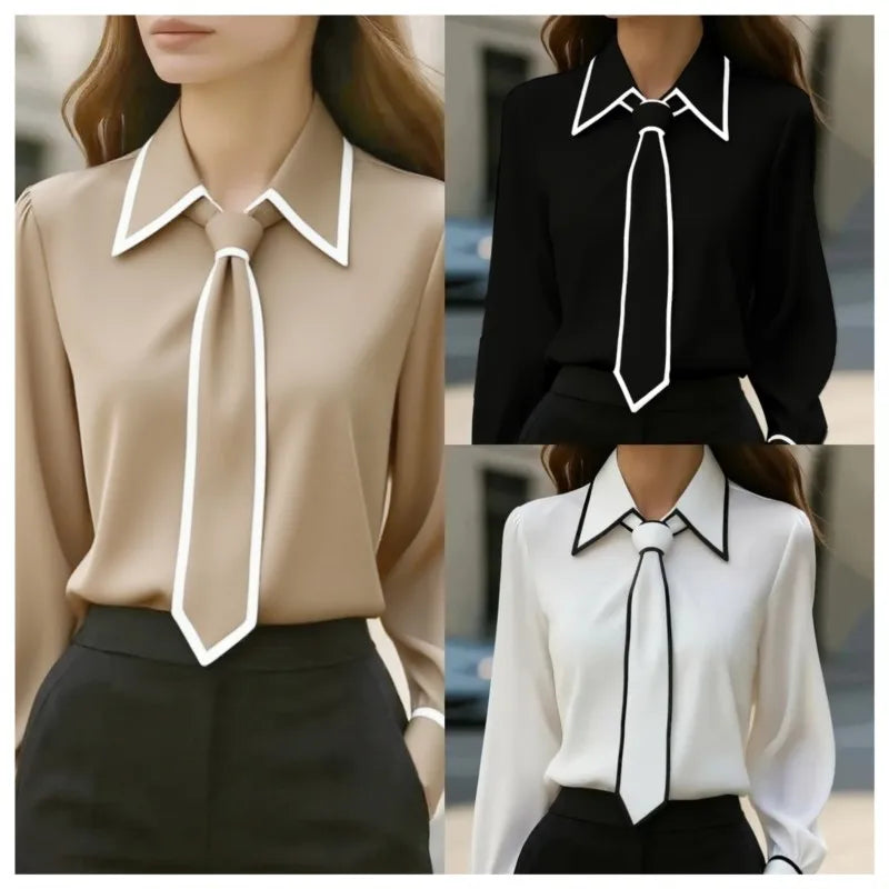 Damenbluse, modisches Hemd, formelle Fliege, langärmelig, kontrastierender Besatz, Oberteile, schmal geschnittene Arbeitskleidung, elegante Büro-Damenhemden für Damen
