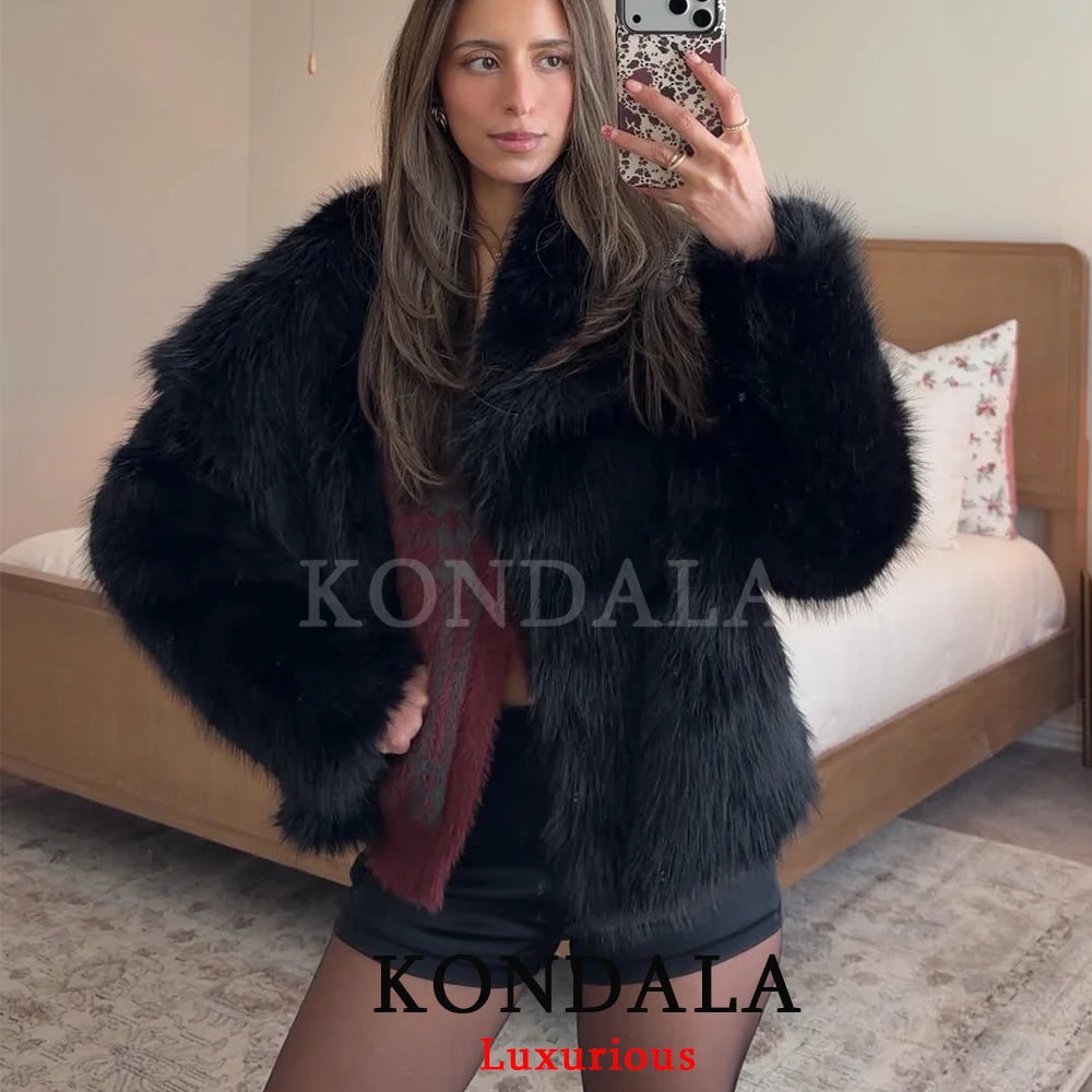 KONDALA Casual Braun Dickes Fell Jacken Frauen Langarm V-ausschnitt Herbst Winter Faux Pelz Mäntel Mode 2025, Streetwear Outwears