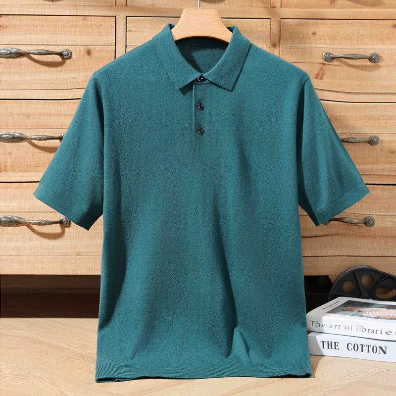 Sommer 100 % Merinowolle Herren Reverspullover Kurzarm POLO-Ausschnitt Pullover lockeres Top Business Casual Strick-T-Shirt