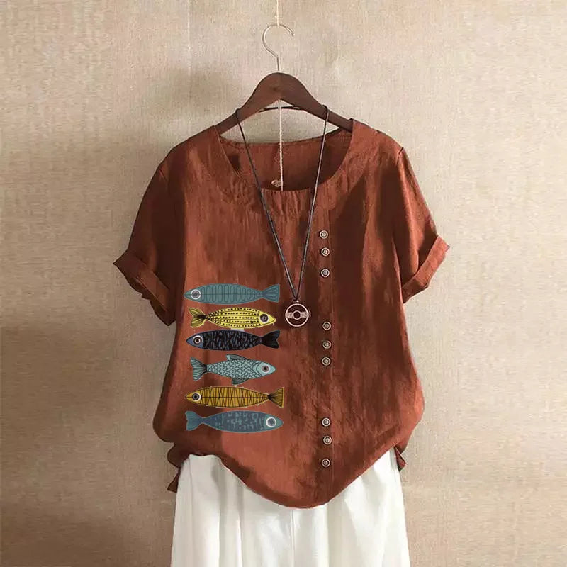 Angebot Frauen Baumwolle Leinen Bluse Shirts Sommer Oansatz Kurzarm Vintage Floral Print Lose Tops WYLP-AL 620409060860