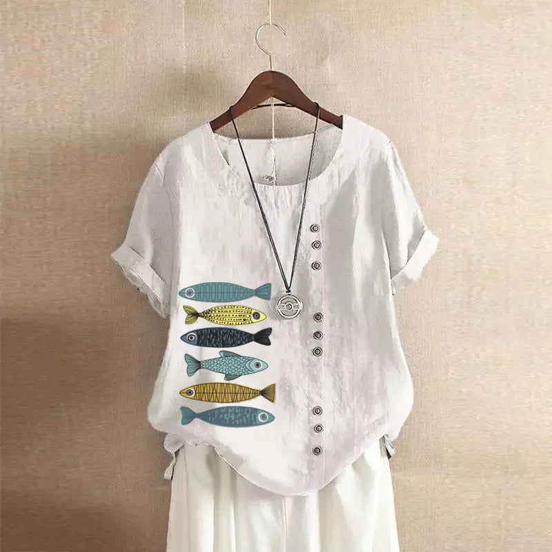 Angebot Frauen Baumwolle Leinen Bluse Shirts Sommer Oansatz Kurzarm Vintage Floral Print Lose Tops WYLP-AL 620409060860