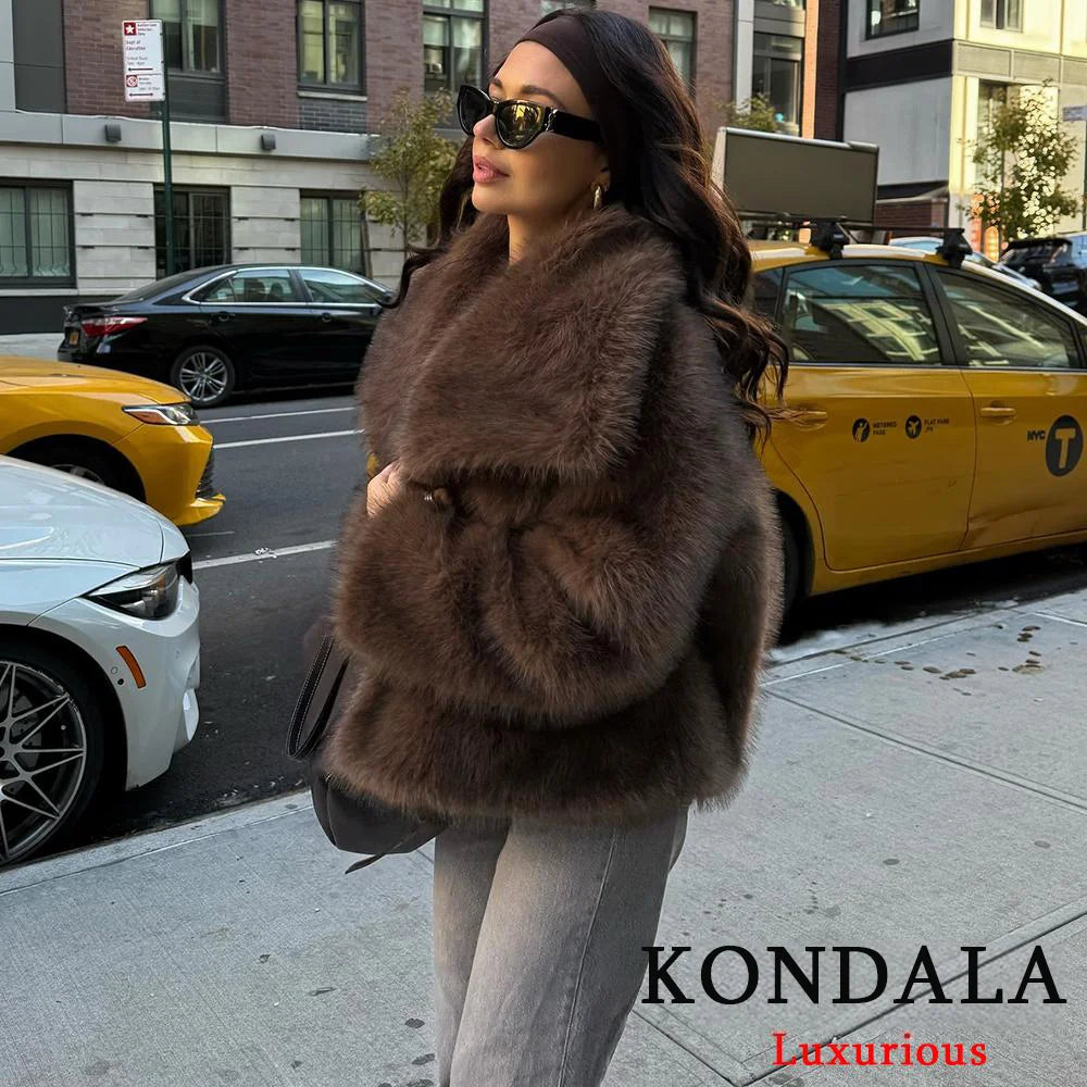 KONDALA Casual Braun Dickes Fell Jacken Frauen Langarm V-ausschnitt Herbst Winter Faux Pelz Mäntel Mode 2025, Streetwear Outwears