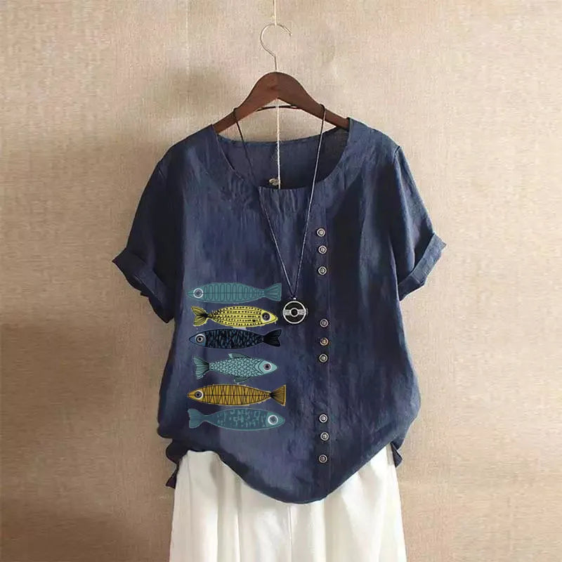 Angebot Frauen Baumwolle Leinen Bluse Shirts Sommer Oansatz Kurzarm Vintage Floral Print Lose Tops WYLP-AL 620409060860