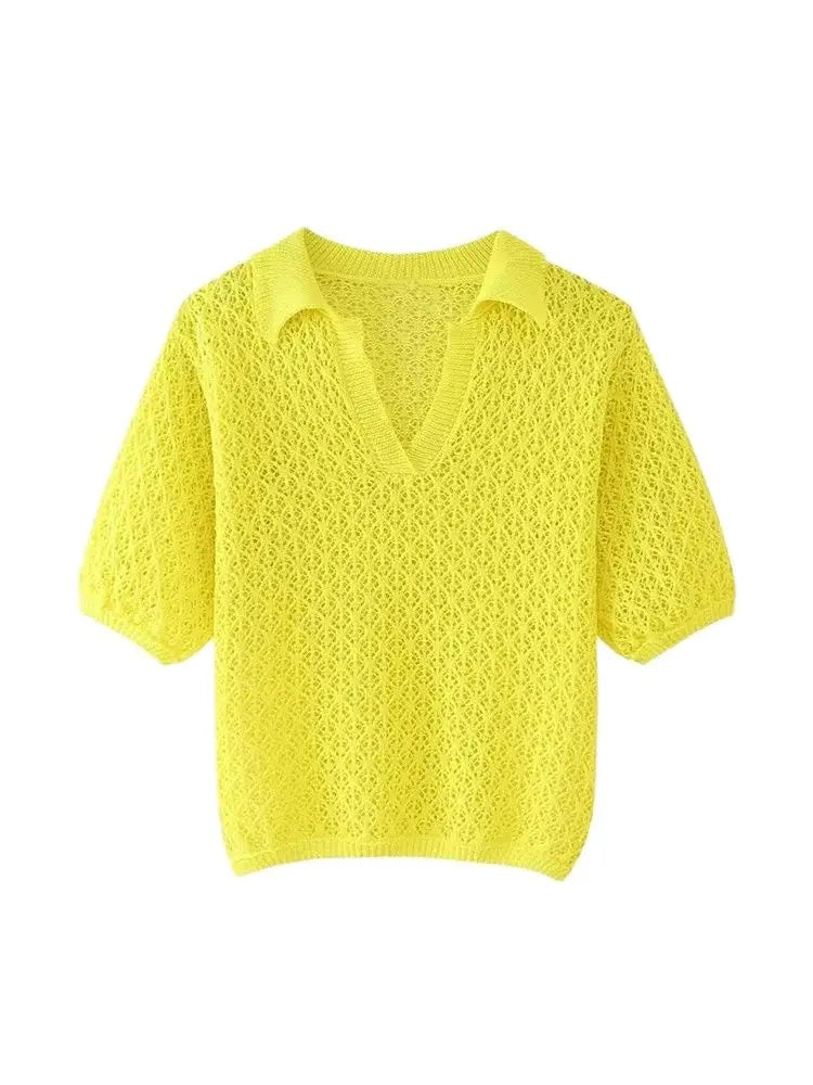 Frauen Mode Pointelle Stricken Lose Pullover Polo Kragen Kurzarm Weibliche Pullover Chic Tops