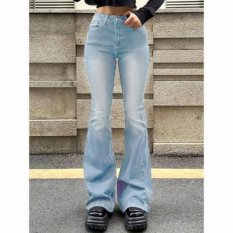 2026 Mädchen Concise Ins Hohe Taille Ausgestellte Jeans Weibliche Stretchy Bootcut Denim Hosen Frauen Einfarbig Dünne Schlaghosen