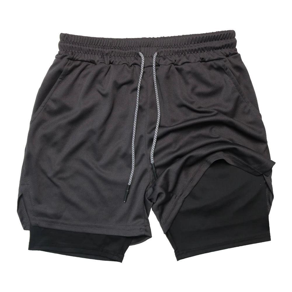 Doppelschichtige Fitness-Shorts für Herren, für Fitness, Fitnessstudio, Training, 2-in-1-Sport-Shorts, schnell trocknend, Workout, Joggen, Doppeldeck, Sommer
