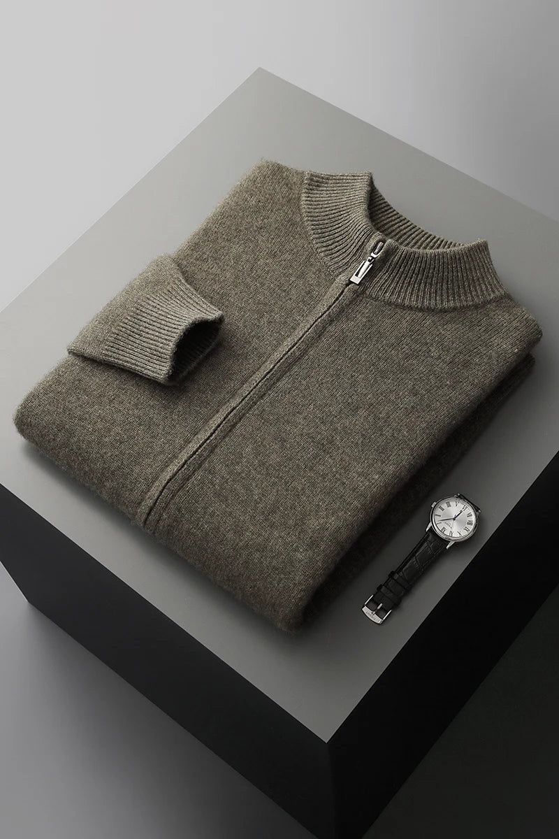 Merinowolle,100 %  warmer Herrenpullover, Stehkragen, verdickte Strickjacke mit Reißverschluss, Herbst-Winter, neue Kaschmir-Strick-Langarm-Tops