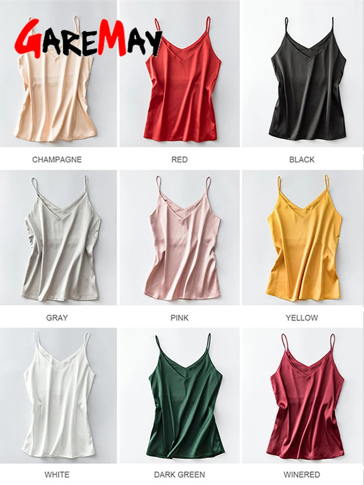 Spaghettiträger-Top für Damen, Neckholder, V-Ausschnitt, Basic, weiß, Cami, ärmellos, Satin-Seiden-Tanktops, Damen-Sommer-Unterhemd