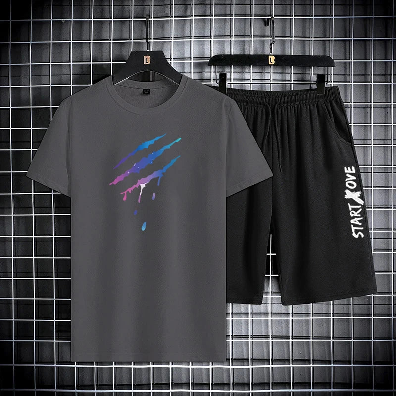 Sommer, dünn, lässig, schnell trocknend, zweiteiliges Set, Herren-Set, Sport, Outdoor, Laufen, Kurzarm-T-Shirt + Shorts, Trainingsanzug-Sets