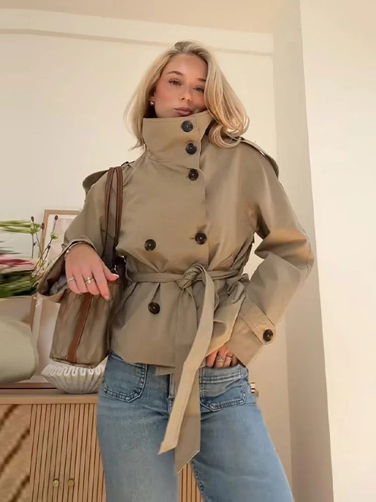 Gürtel Taille Abgeschnitten Graben Jacken Frauen Zweireiher Stehkragen Mäntel 2025, Herbst Chic Casual Vintage Jacke Frauen Tuch