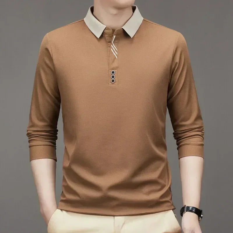 Herren Langarm Umlegekragen Waffel T-Shirt Business Casual Poloshirt T-Shirt