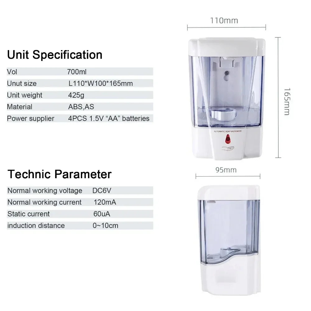 Automatischer berührungsloser Seifenspender 700 ml, wandmontierter, batteriebetriebener Sensor-Handwascher mit großem Fassungsvermögen für Badezimmer und Küche