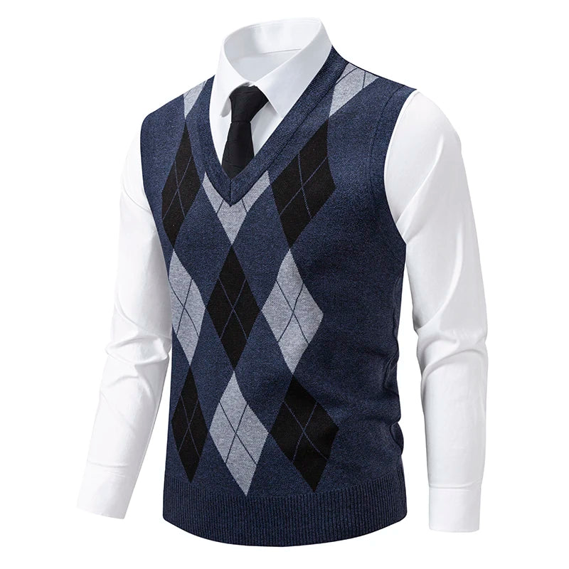 Herren Strickweste Mode Pullover Weste Argyle Muster Weste Fleece gefüttert warme Westen