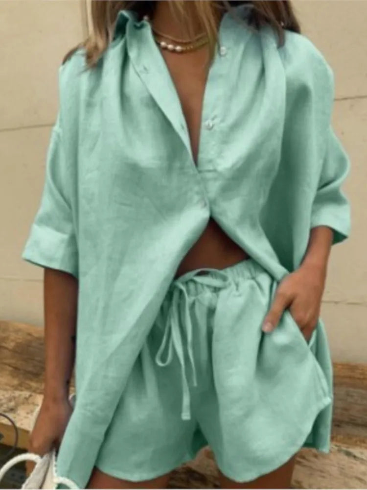 Casual Baumwolle Einfarbig Sets Frauen Kurzarm Lose Hemd Breite Bein Shorts Zwei Stück Set Frau Anzüge 2024 Sommer Outfits