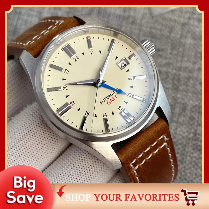 Tandorio Japan NH34 automatische mechanische Uhr für Herren, Taucher-GMT-Uhrwerk, 200 m wasserdicht, 39 mm Saphirglas-Lederband