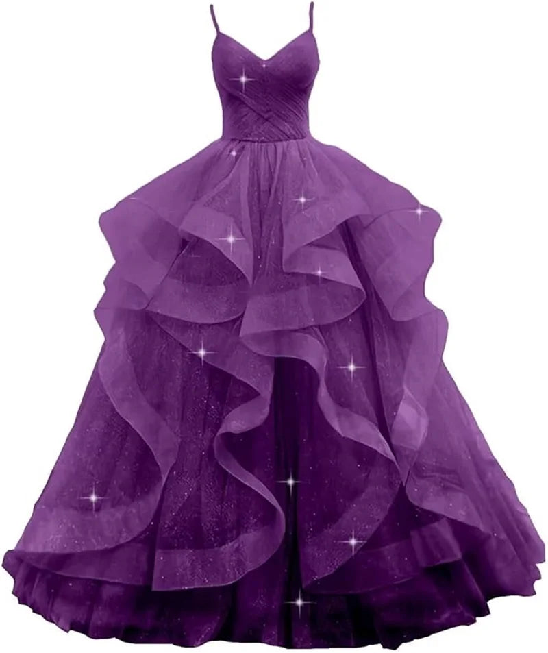 Maßgeschneiderte glitzernde Tüll-Abschlussballkleider, Spaghettiträger, Ballkleider für Frauen, bauschiges, abgestuftes, formelles Abend- und Partykleid