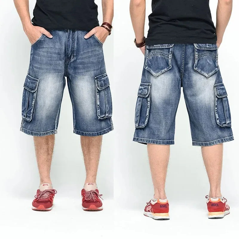 Herren Jeans shorts mit weitem Bein Multi-Pocket 7-Punkt-Arbeit Cargo Jeans Shorts Fett plus Größe Denim Shorts männlich