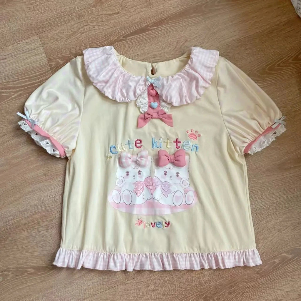 Japanische Kawaii Crop Tops Cartoon Print Harajuku Lolita Kurzarm T-shirts Frauen Y2k Ästhetische Dünne T Vintage Fee Grunge