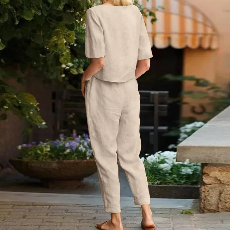 Damen-Anzug aus Baumwolle und Leinen, Sommer-passender Anzug, halbärmelige Rundhals-Krawatte, elastische Taille, Hose mit weitem Bein, Retro-Anzug 2024