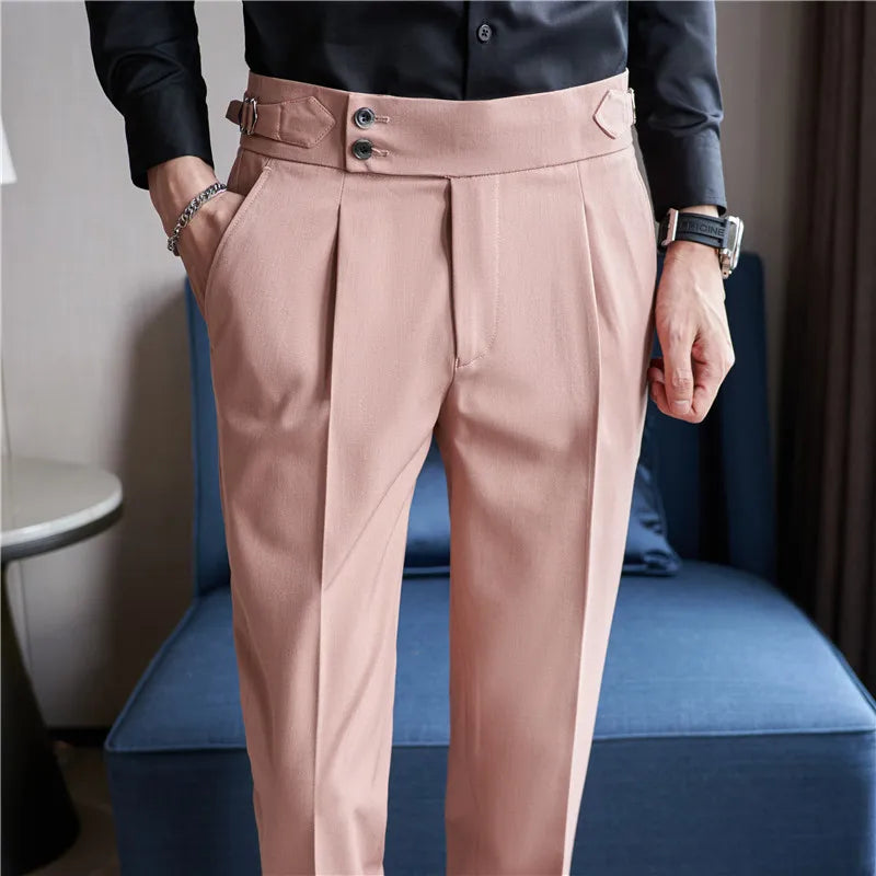 2026 Frühling Herbst Männer Hohe Taille Gürtel Design Beiläufige Dünne Formale Kleid Hose Männer Sozialen Büro Hochzeit Party Kleid Anzug Hosen