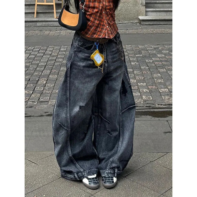Schwarze Jeans für Damen, Vintage-Stil, hohe Taille, Cargo-Jeans, gerade, 2022, Sommer, lässig, locker, große Größe, weites Bein, Denim, Baggy-Hose, Y2K