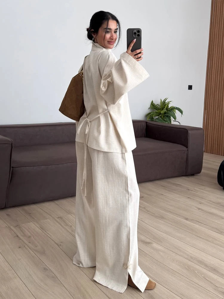 Lässiges chinesisches Hemd-Hosen-Set für Damen: Stehkragen, Langarm, Einreiher, lockere Hemden und Hosen, Streetwear-Outfit für Damen
