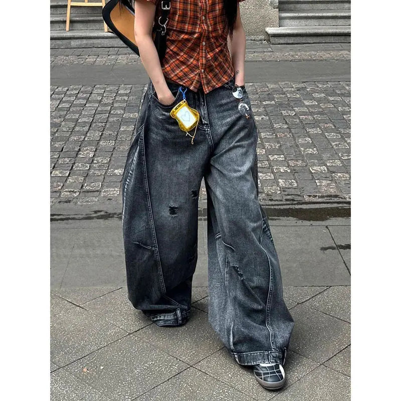Schwarze Jeans für Damen, Vintage-Stil, hohe Taille, Cargo-Jeans, gerade, 2022, Sommer, lässig, locker, große Größe, weites Bein, Denim, Baggy-Hose, Y2K