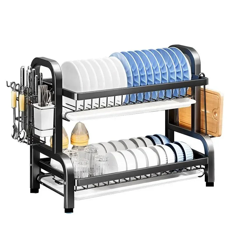 Abtropfgestell, 2-stöckig, kompakt, für die Küche, Abtropfgestell, Abtropfbrett-Set, großes, rostfreies Abtropfgestell mit Utensilienhalter