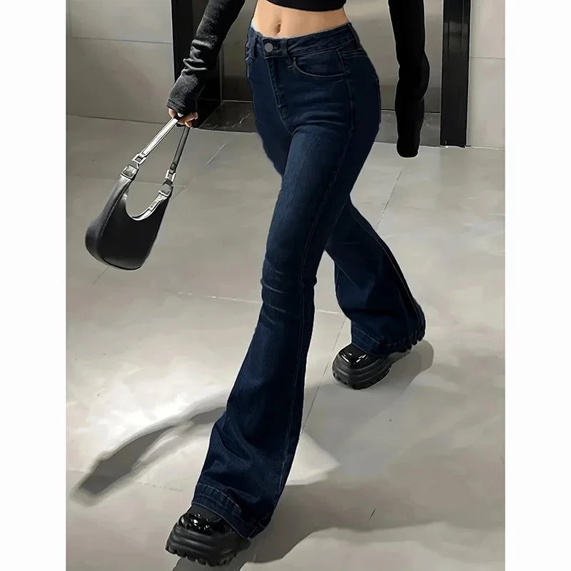 2026 Mädchen Concise Ins Hohe Taille Ausgestellte Jeans Weibliche Stretchy Bootcut Denim Hosen Frauen Einfarbig Dünne Schlaghosen