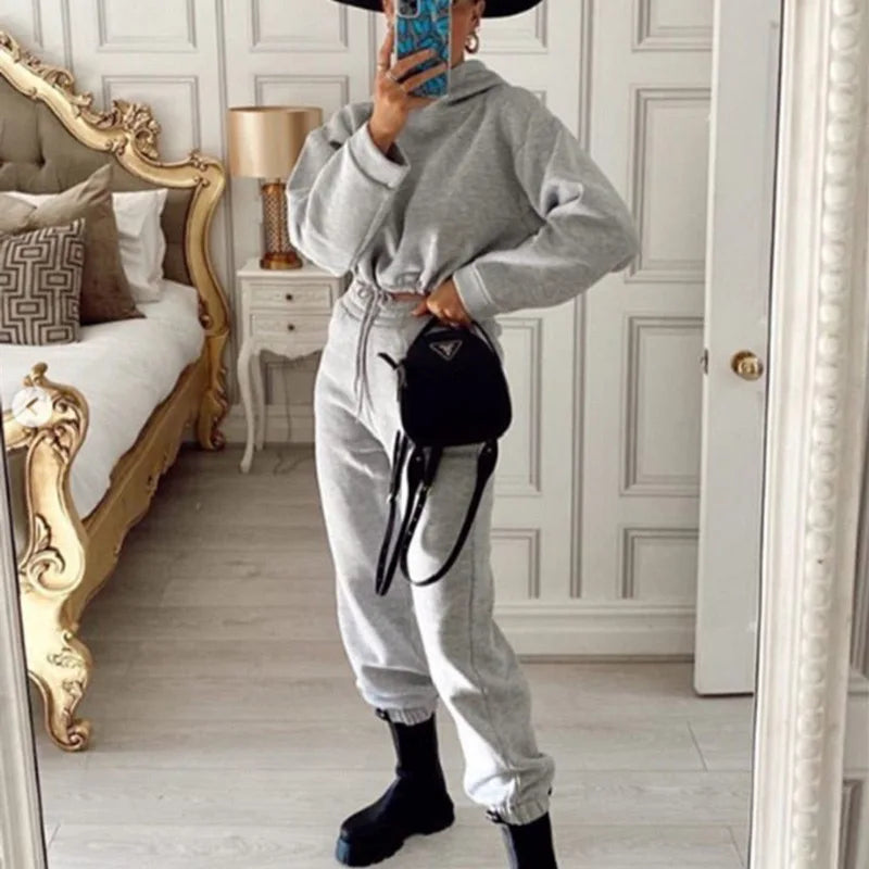 Winter-Trainingsanzug für Damen, zweiteiliges Set – übergroßer Kapuzen-Jogginghose, einfarbiger Sportanzug | Lässiges Sweatshirt-Hosen-Set