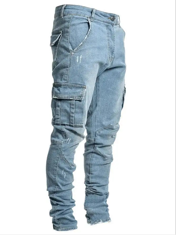 Neue Jeans Männer Hosen Waschen Einfarbig Multi Taschen Denim Mittlere Taille Cargo Jeans Plus Größe Mode Casual Hosen Männlichen Täglichen Verschleiß