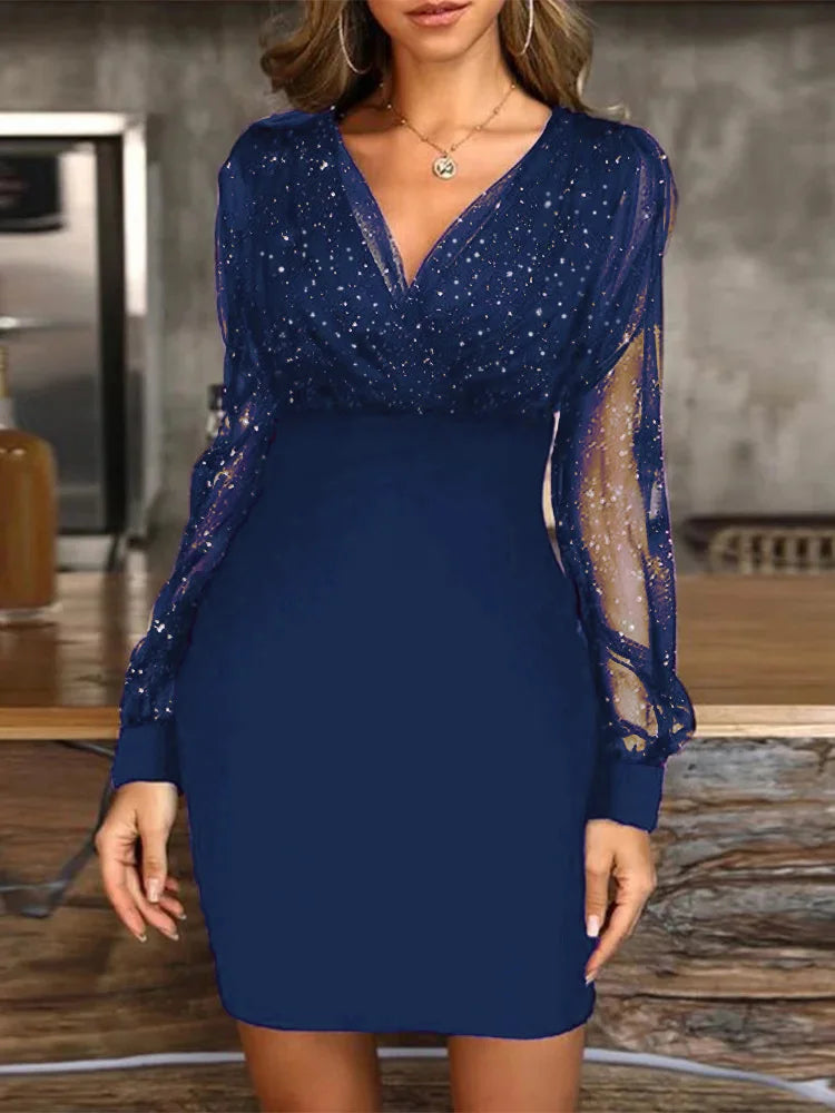 Sexy V-ausschnitt Durchsichtig Langarm Kleid Frauen Frühling Herbst Neue Jahr Party Mini Kleider vestidos cortos