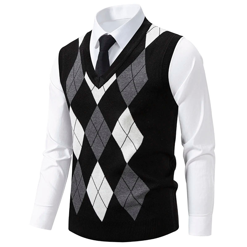 Herren Strickweste Mode Pullover Weste Argyle Muster Weste Fleece gefüttert warme Westen