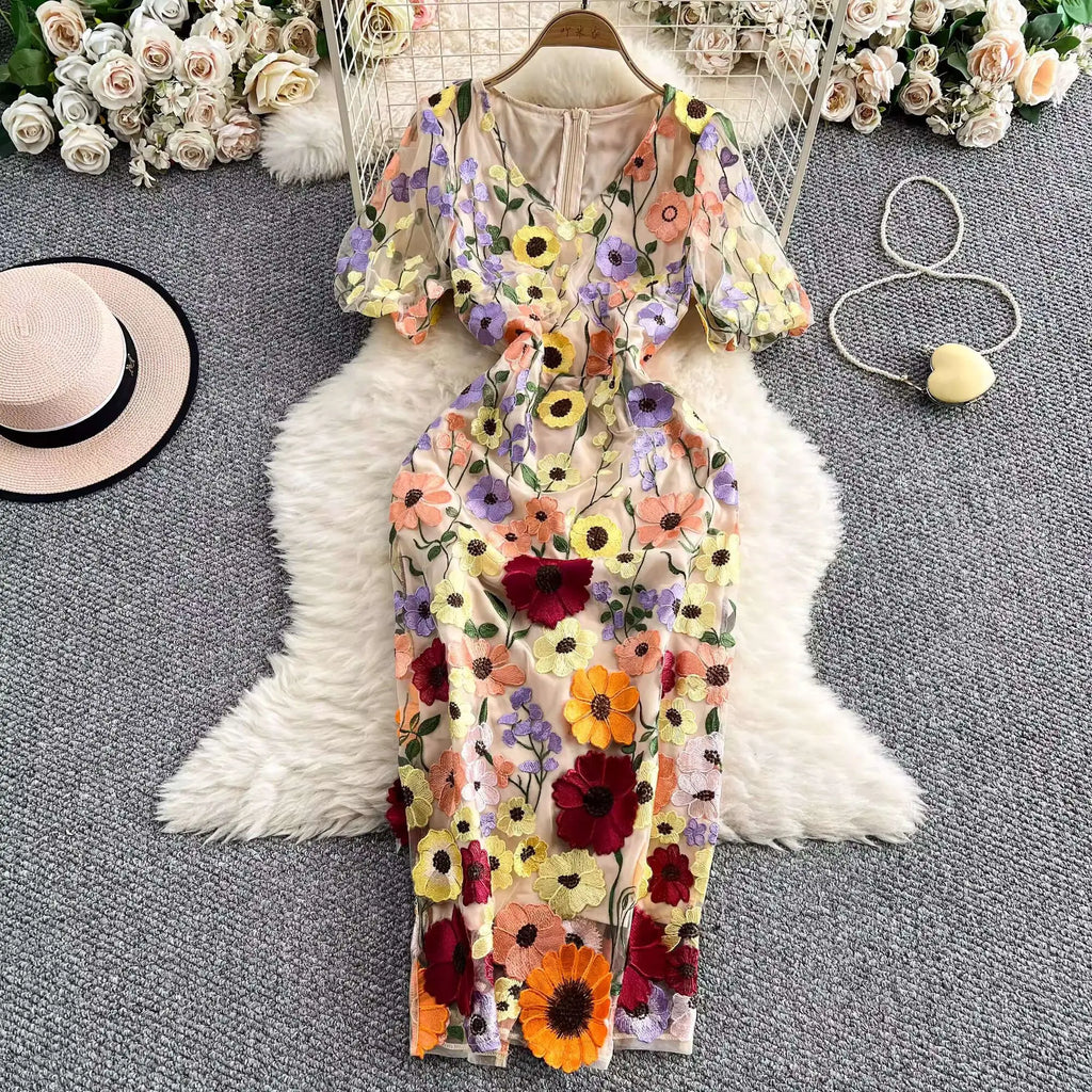 Sommer Luxus Midi Lange Kleider Party Elegante 3D Blume Stickerei Kurzarm Bleistift Tüll Prom Formale Kleid Frauen