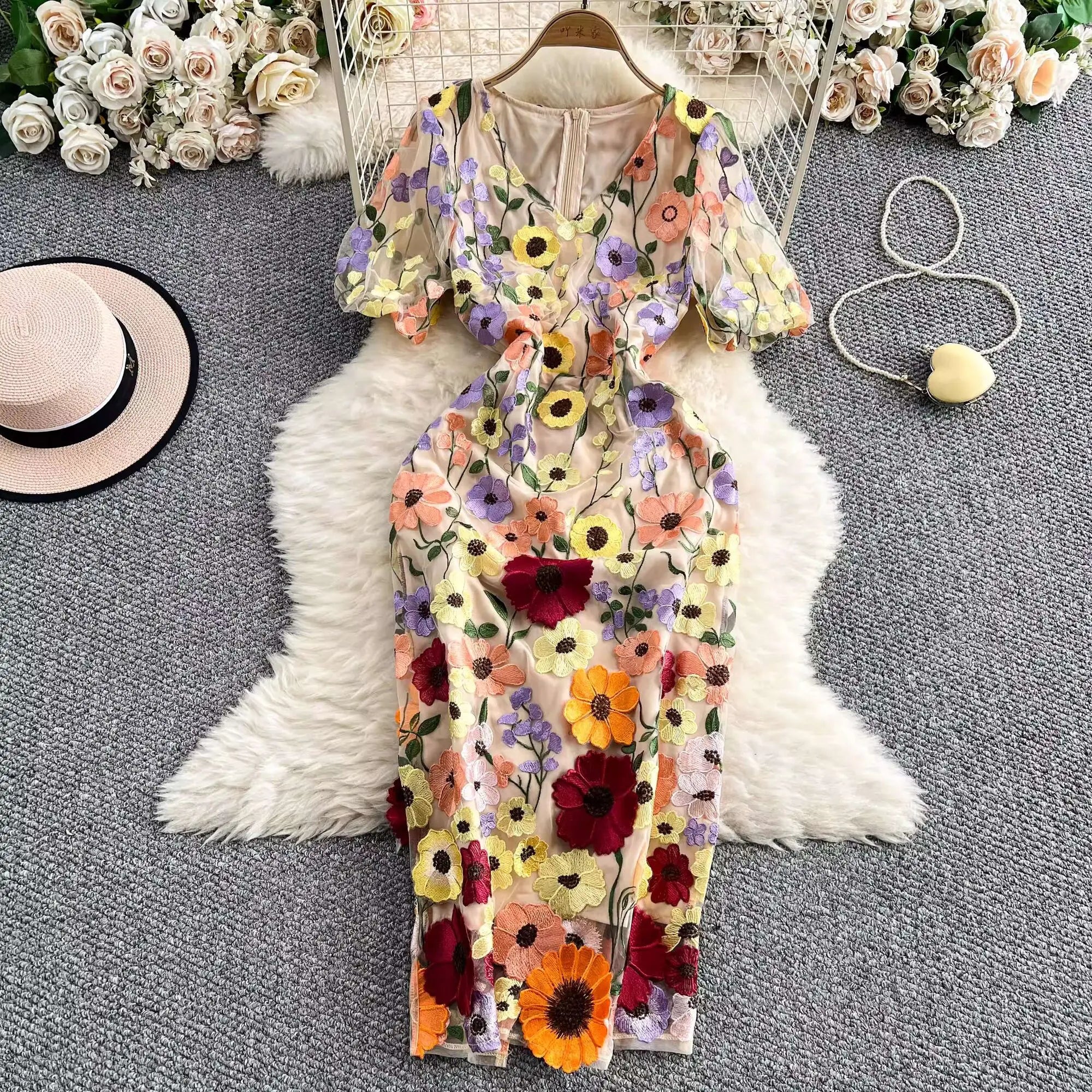 Sommer Luxus Midi Lange Kleider Party Elegante 3D Blume Stickerei Kurzarm Bleistift Tüll Prom Formale Kleid Frauen