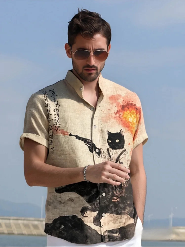 Herren-Retro-Katzenhemd mit lustigem Kalligrafie-Dinosaurier-Vulkaneruption-Print, kurzärmelig, Urlaubsmode, Vintage japanische Kleidung
