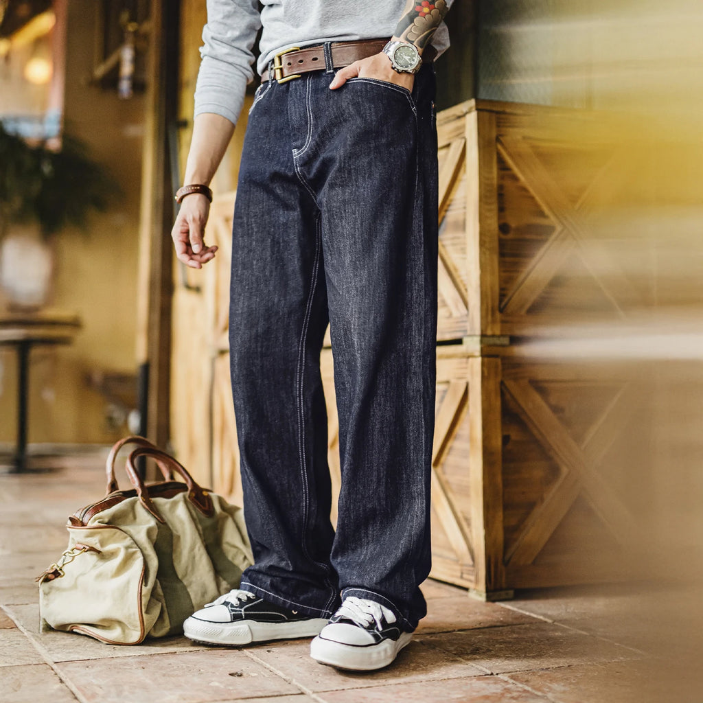 Maden Vintage 12oz One-Washed Denim Jeans für Herren, gerade Hose mit weitem Bein, lockere Passform, Freizeithose mit Reißverschluss für Herbst und Winter