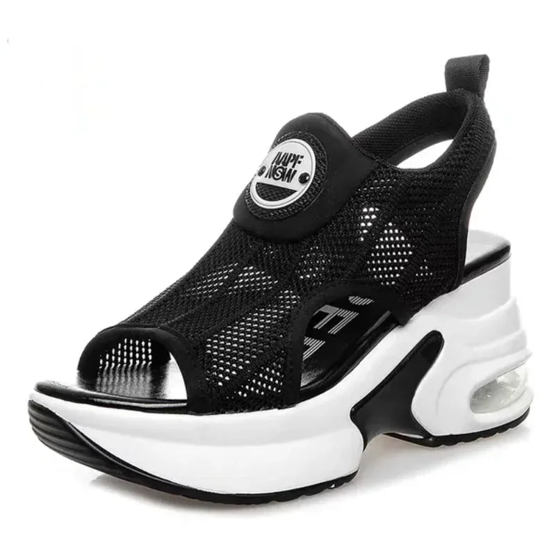 Retro schwarz Mesh Plattform Sandalen koreanische Peep Toe Hohl keile erhöhen Schuhe 8cm Sommer neue rutsch feste Luftkissen Tennis schuhe
