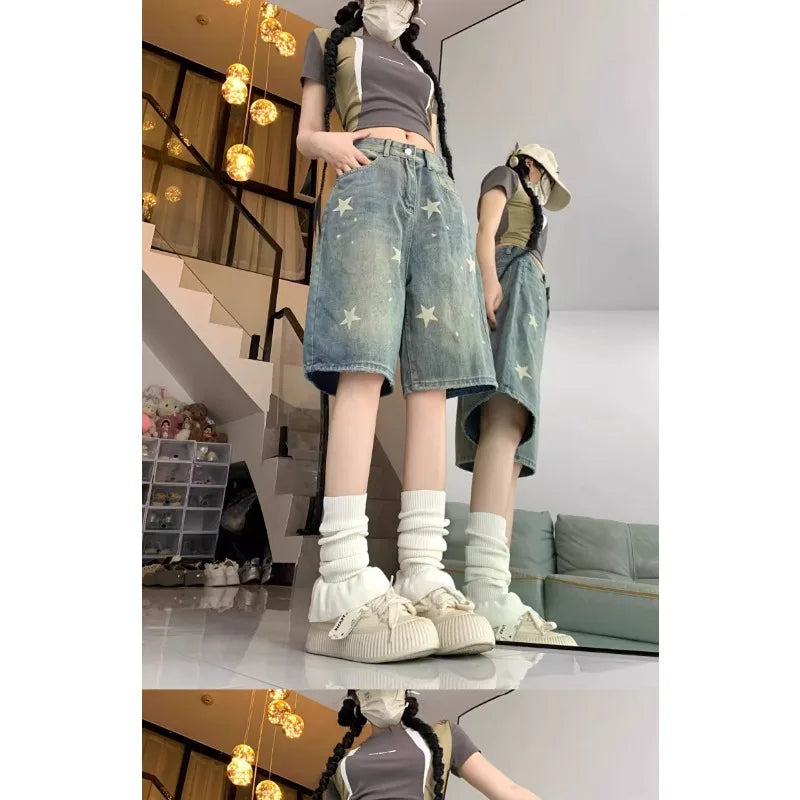 Lässige Damenjeans mit Blumendruck, lockerem, weitem Bein, New American Retro Star Design, gerades Bein, bequeme Stretch-weiche Denim-Shorts
