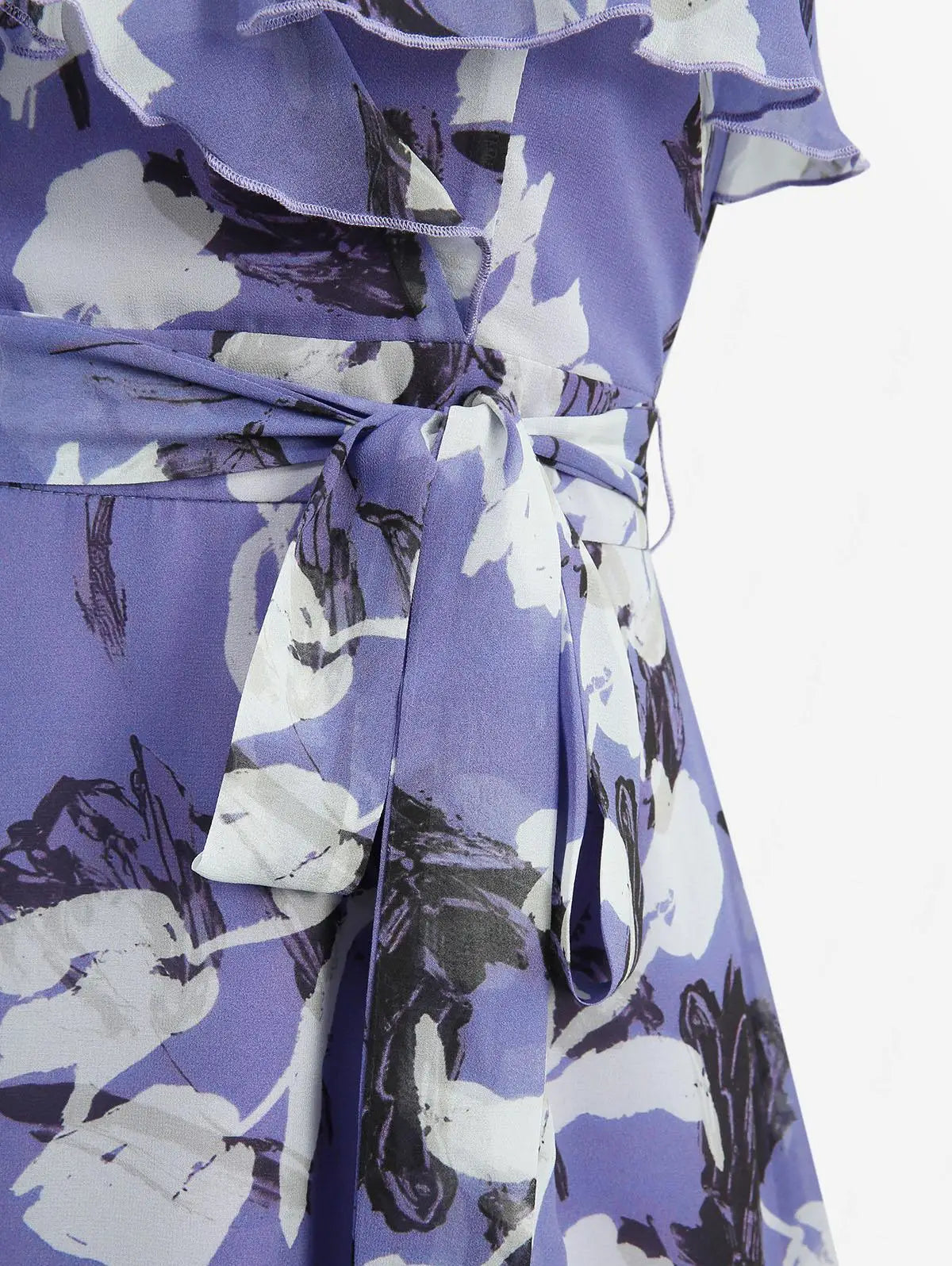 Neue Sommerkleider für Damen, lila Blumendruck, Rüschen, geteiltes A-Linien-Trägerkleid mit abnehmbarem Gürtel, Cocktail-Partykleid, Vestido